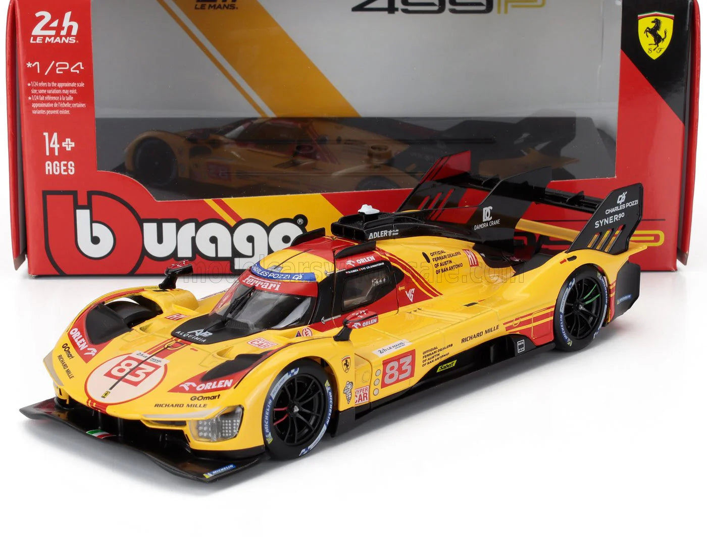 Bburago 499P Turbo V6 Team Ferrari Yellow AF Corse N° 83 24H LE MANS 2024 Scale 1:24
